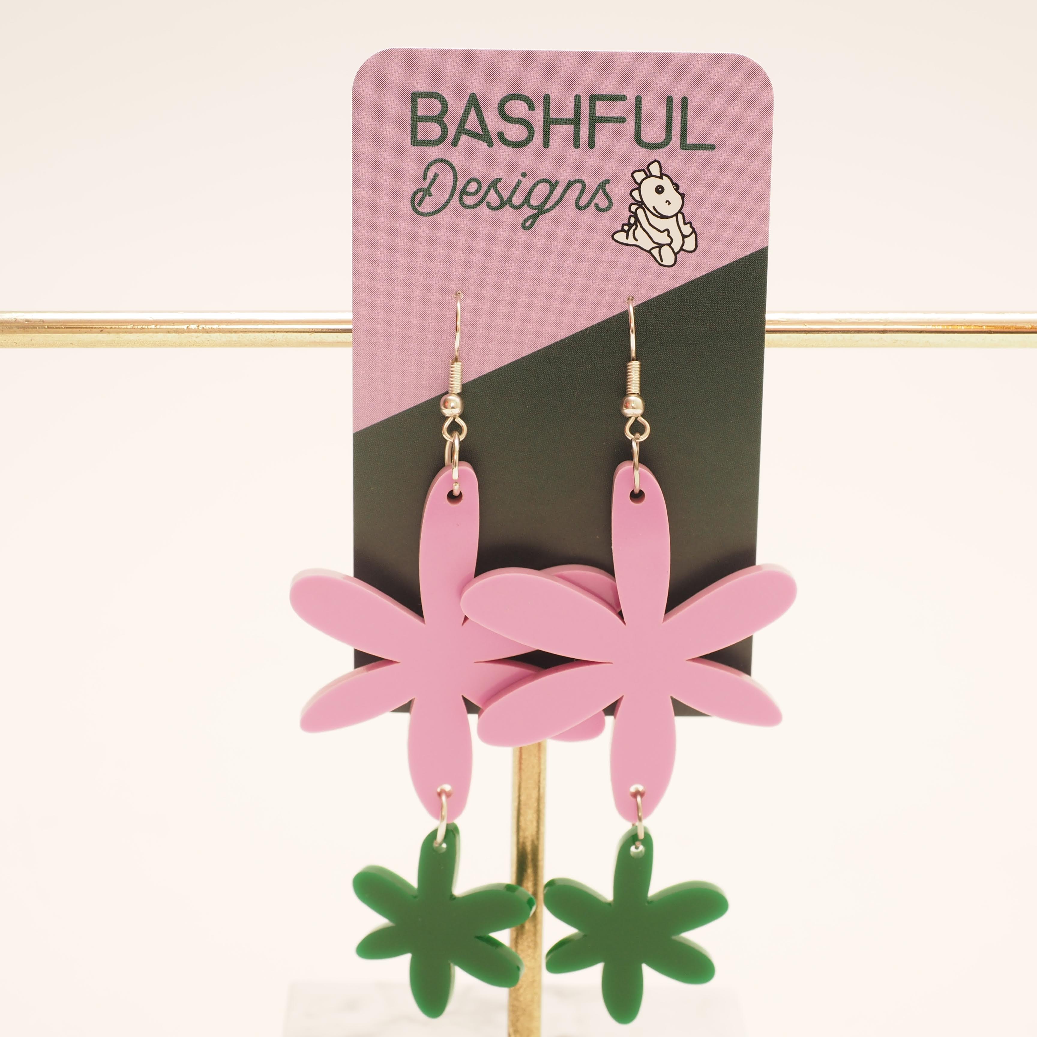 Floral Joy pink and green acrylic dangle earrings, whimsical boho style