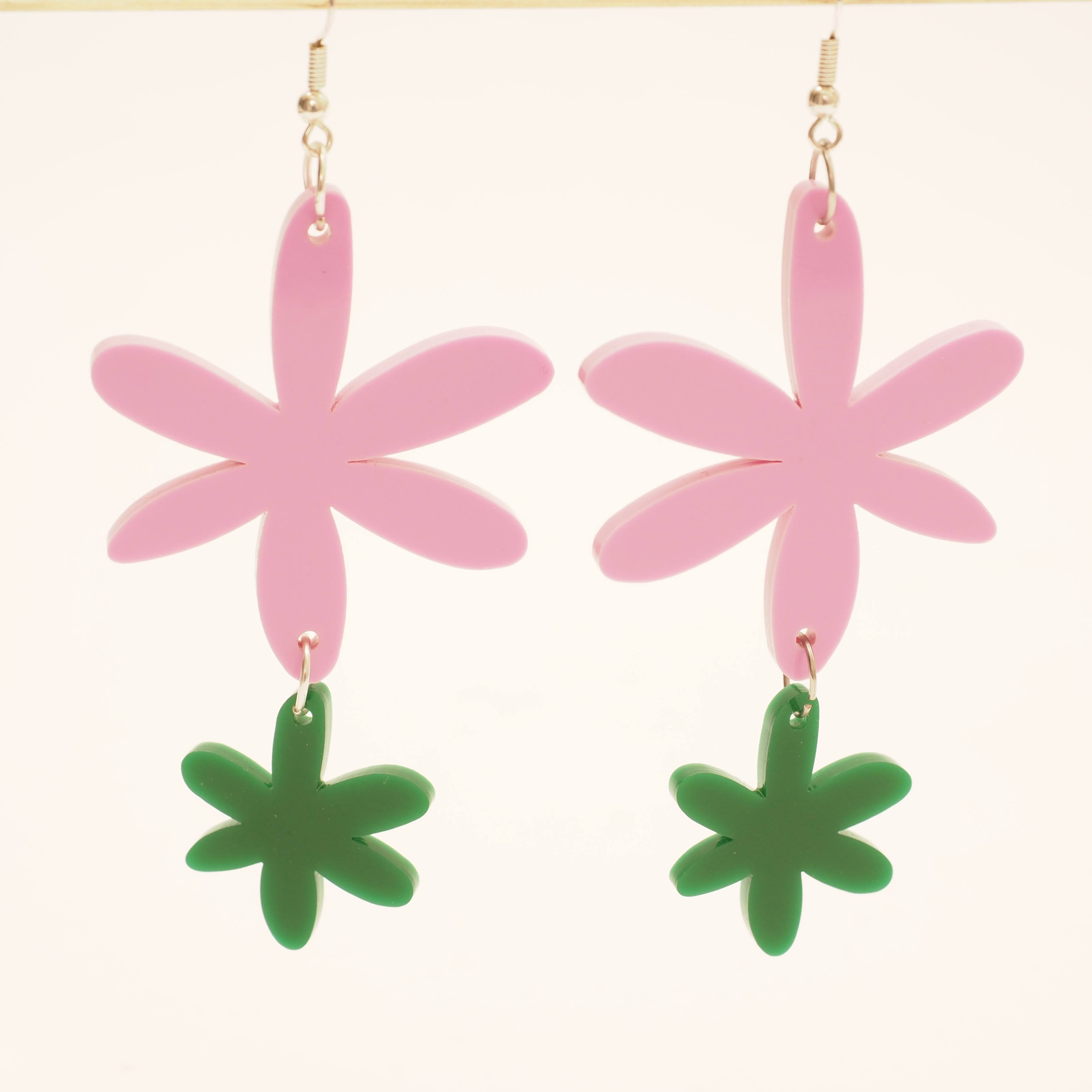Floral Joy pink and green acrylic dangle earrings, whimsical boho style