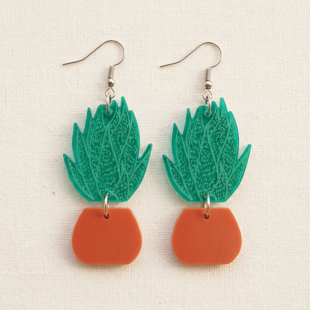 Flat lay of Queen Agave earrings with etched green acrylic leaves, terracotta-orange pots and silver-coloured hooks.