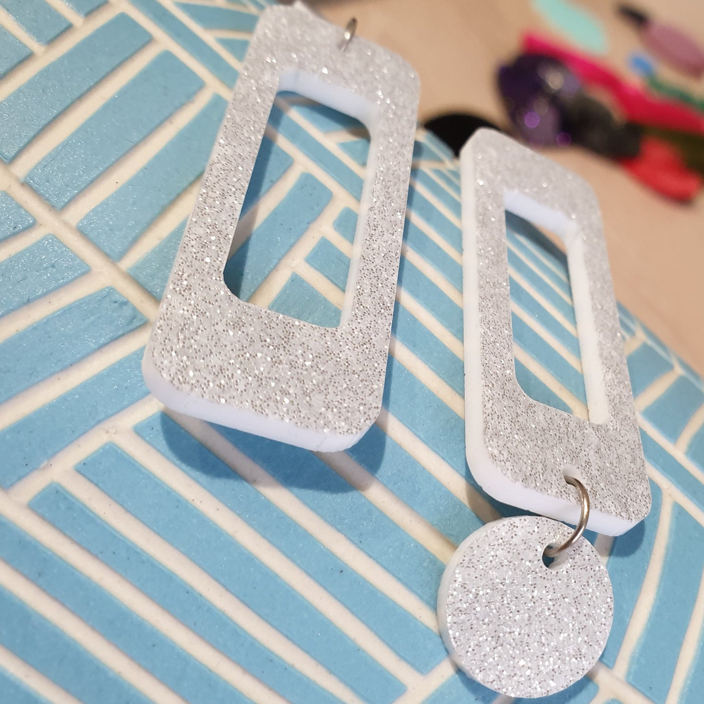 White Glitter Dangle Earrings